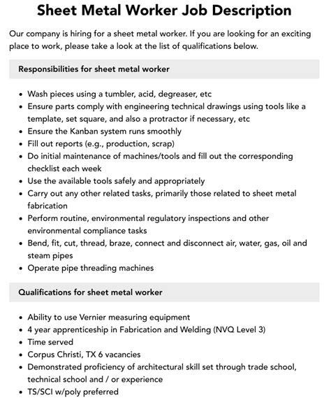 sheet metal laborer|sheet metal worker responsibilities.